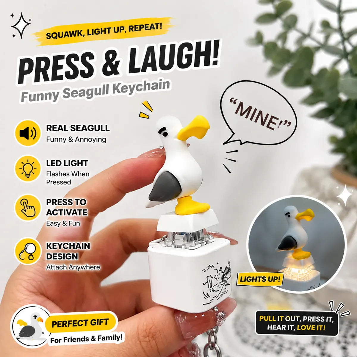 Futusly® Seagull MINE! Button Keychain-Real Sound & LED Light💡