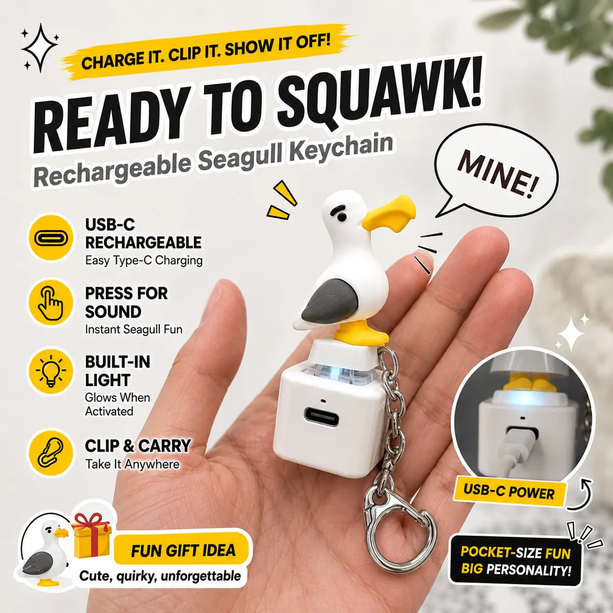 Futusly® Seagull MINE! Button Keychain-Real Sound & LED Light💡